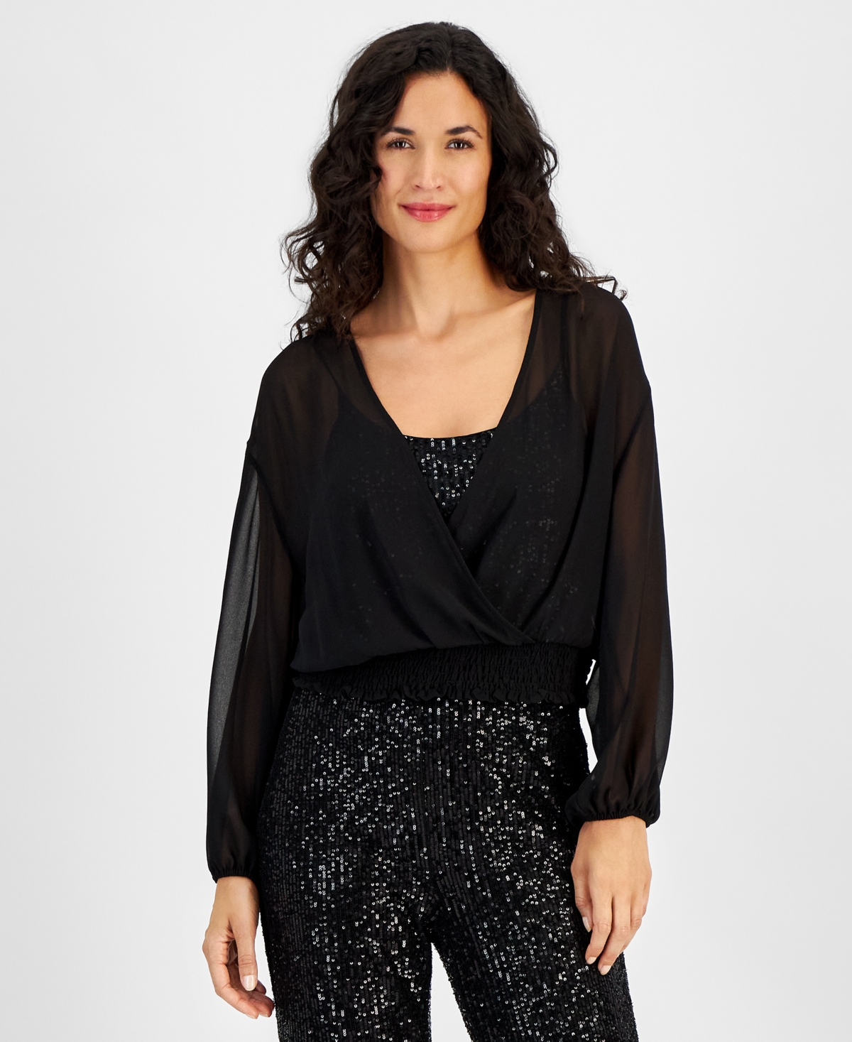 VINCE CAMUTO WOMEN'S OVERLAPPING SEQUIN LONG-SLEEVE TOP 