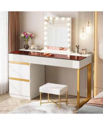 Computer Desk with 4 Drawers, 47 Inch Modern Home Office Desk with Glass Top, White and Gold Writing Workstation Desk with Storage, Makeup Vanity Table for Living Room, Bedroom