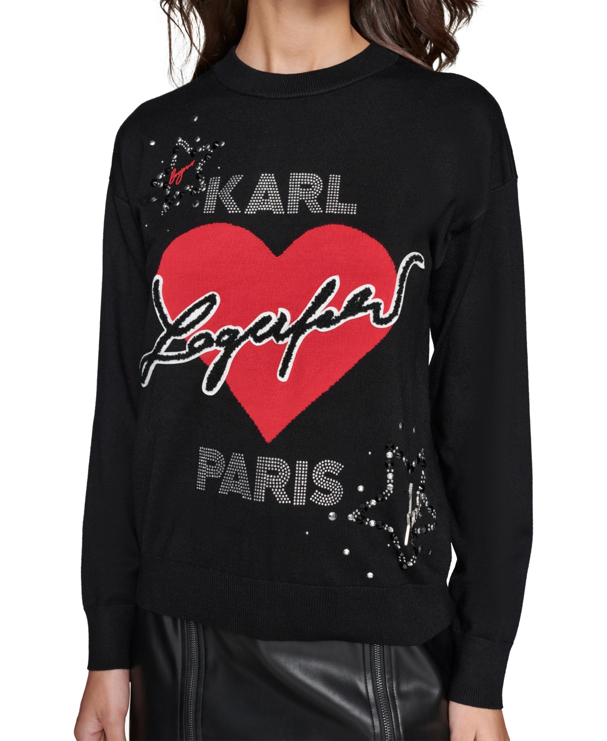 Karl Lagerfeld Paris Women's Petite Embellished Heart Graphic Sweater