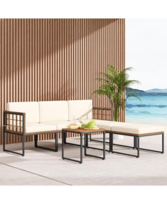 6 Pieces Acacia Wood Patio Furniture Set with Coffee Table and Ottomans-Beige