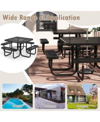 Square Picnic Table and Bench for 8 Person with Seats and Umbrella Hole-Black