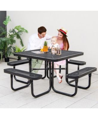 Square Picnic Table and Bench for 8 Person with Seats and Umbrella Hole-Black