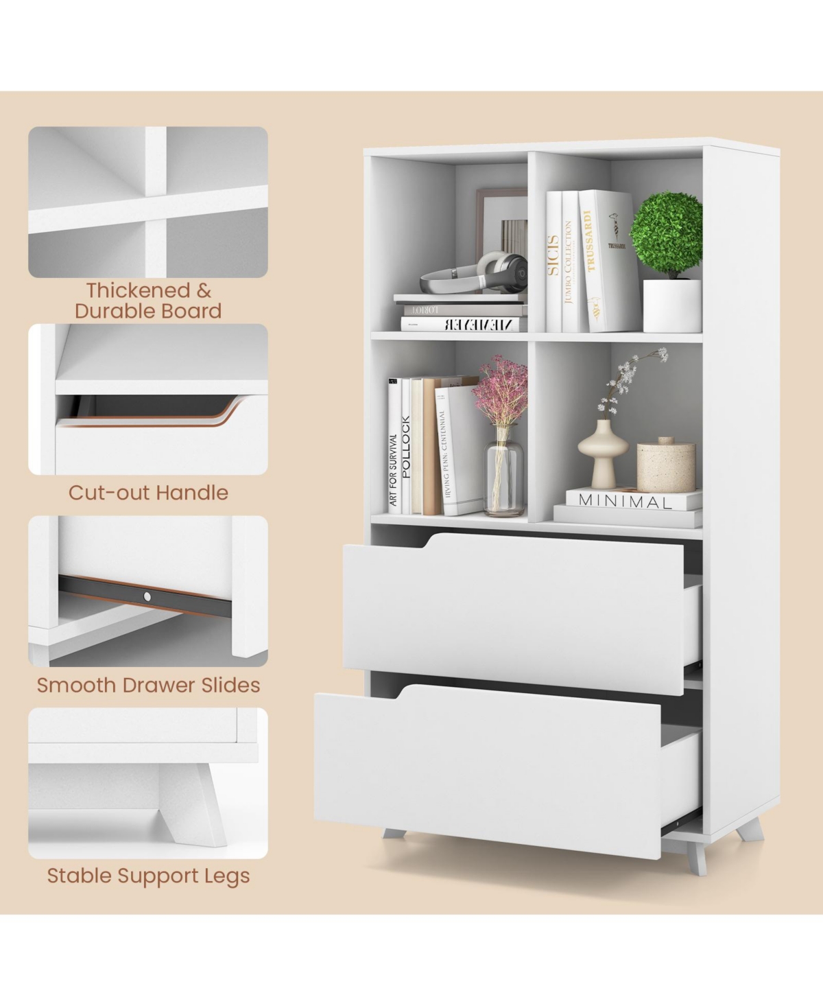 Sugift 4-Tier Open Bookcase with 2 Drawers and 4 Storage Cubes-White