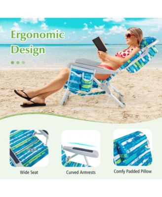 Foldable Backpack Beach Chair with Cup Holder and Storage Pockets for Outdoor-Blue and Green