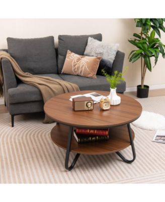 33.5 Inch Round Coffee Table with Wood Grain Finish and Heavy-duty Metal Frame-Walnut