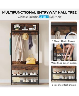 3 in 1 Entrance Area Hallway Tree with Drawer, Vintage Industrial Coat Rack with Shoe Bench and Stable, Mudroom Bench with Shoe Rack and 9 Hooks for Living Room Bedroom (Brown)
