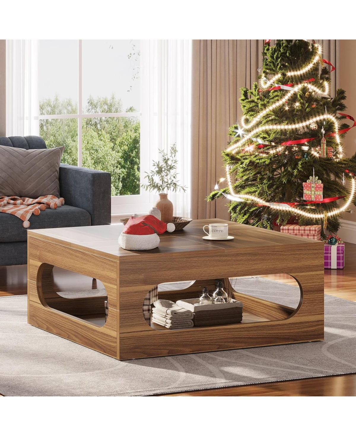 Tribesigns 43-Inch Coffee Table with Led Light, Square Coffee Table with Storage, Wood Cocktail Table, Farmhouse Center Table for Living Room Home Off