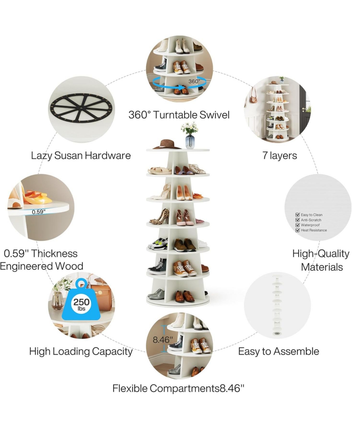 Tribesigns Rotating Shoe Rack, 7-Tier Revolving 24 Pairs Shoe Storage Shelf Tower, Modern Free Standing Wood Space-Saving 360° Spinning Shoe Orga