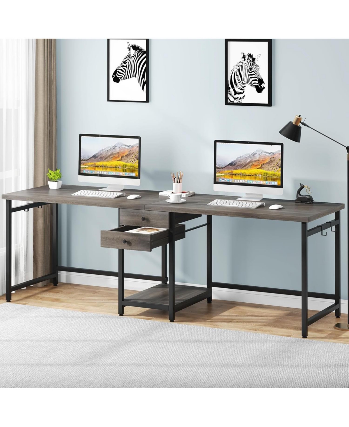 Tribesigns 79 Inch Extra Long Desk, Double Desk with 2 Drawers, Two Person Computer Storage Shelves, Writing Table Study for