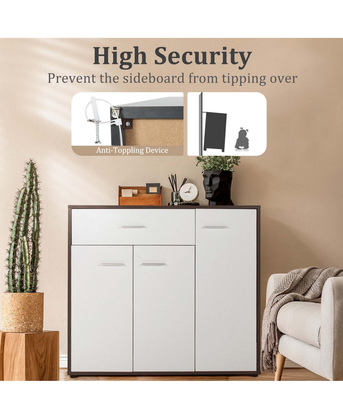 Gymax 3-Door Buffet Sideboard Kitchen Storage Cabinet Console Cupboard w/Drawer - Dark grey+white