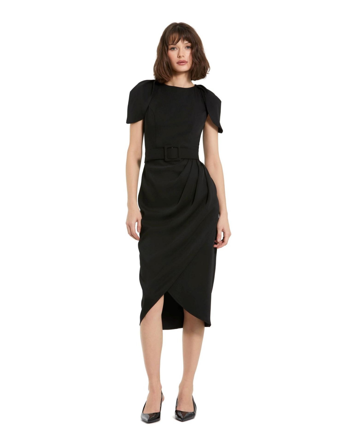 Women's Crepe High Neck Tulip Dress With Belt - Black