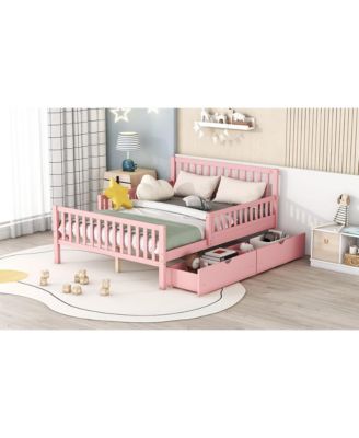 Pink Platform Bed with Guardrails and Drawers