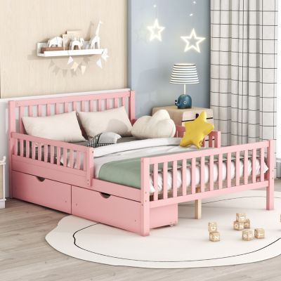 Pink Platform Bed with Guardrails and Drawers