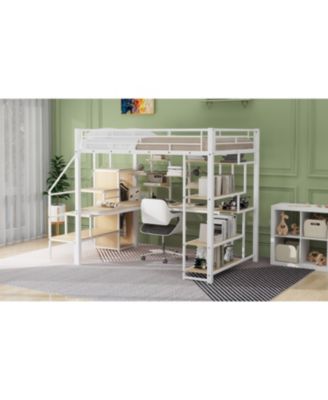  Metal Loft Bed with Staircase, Wardrobe, Desk, & Shelves