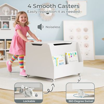 Kids Toy Box Wooden Storage Chest Bench with Bookshelf Wheels Safety Hinge Lid
