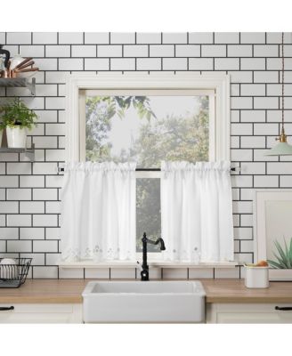 Mariela Floral Trim Semi-Sheer Rod Pocket Kitchen Curtain Valance and Tiers Set