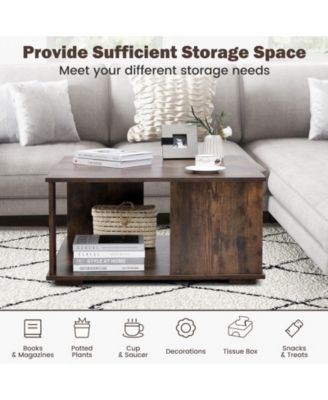 2 Tiers Square Coffee Table with Storage and Non-Slip Foot Pads-Rustic Brown