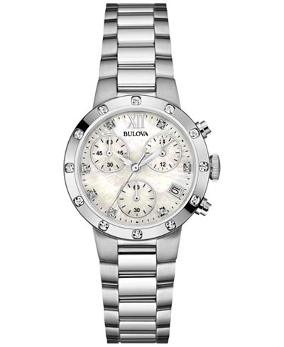 Bulova Women's Chronograph Maiden Lane Diamond Accent Stainless Steel Bracelet Watch 30mm 96R202