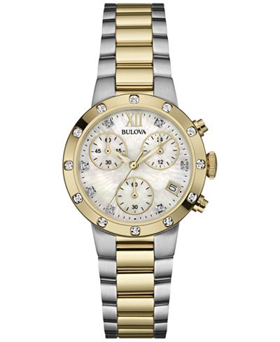 Bulova Women's Chronograph Maiden Lane Diamond Accent Two-Tone Stainless Steel Bracelet Watch 30mm 98R209