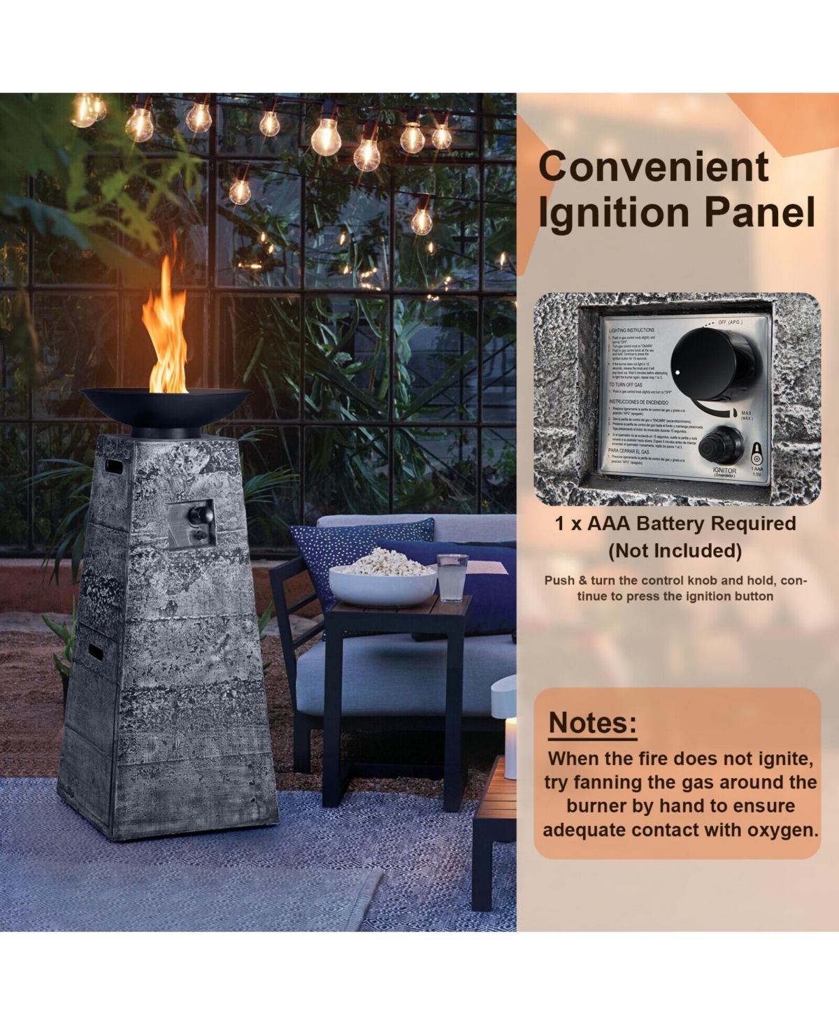 Inolait 48 Inch Propane Fire Bowl Column with Lava Rocks and Pvc Cover-Gray