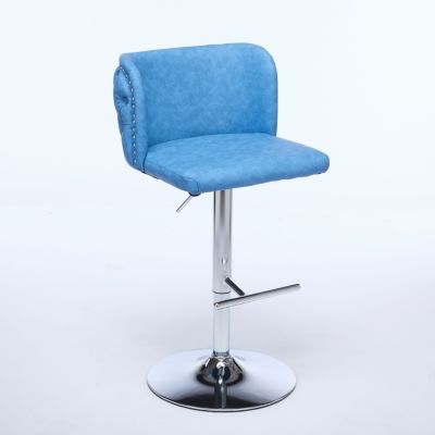 Set of 2 Adjustable Bar Stools with Chrome Base and Tufted Back, Blue
