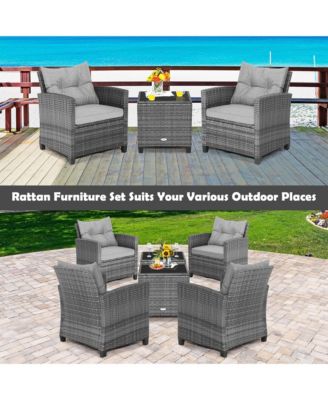 3PCS Patio Rattan Furniture Bistro Set Cushioned Sofas Side Table Armrest