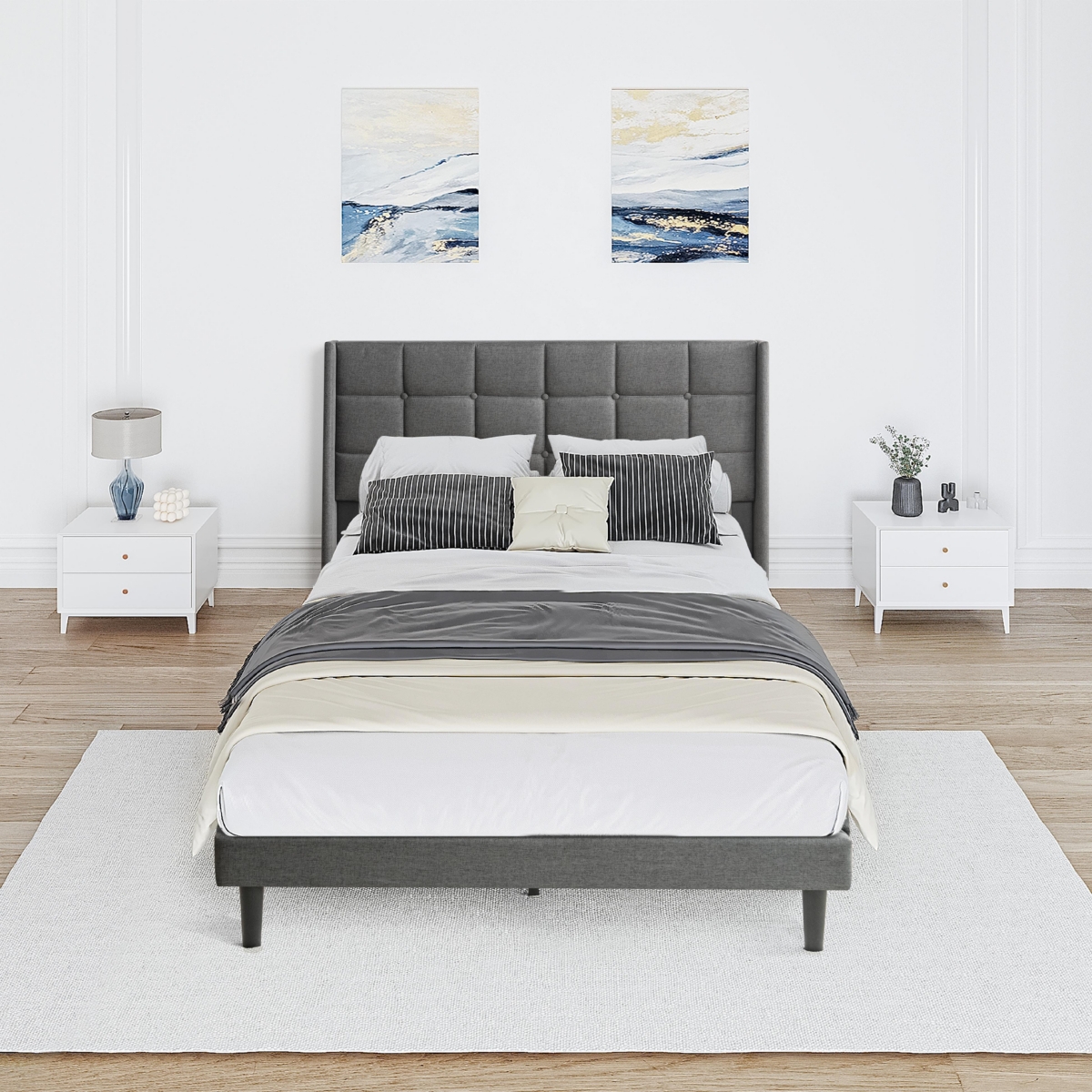 Streamdale Furniture Upholstered Platform Bed Frame with Tufted Headboard
