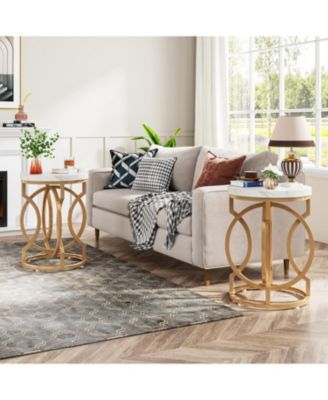 Round End Table, Multifunctional Accent Table Small Side Table for Living Room, Modern White Gold Nightstand with Faux Marble Tabletop, Bedside Table for Bedroom (1 PC)