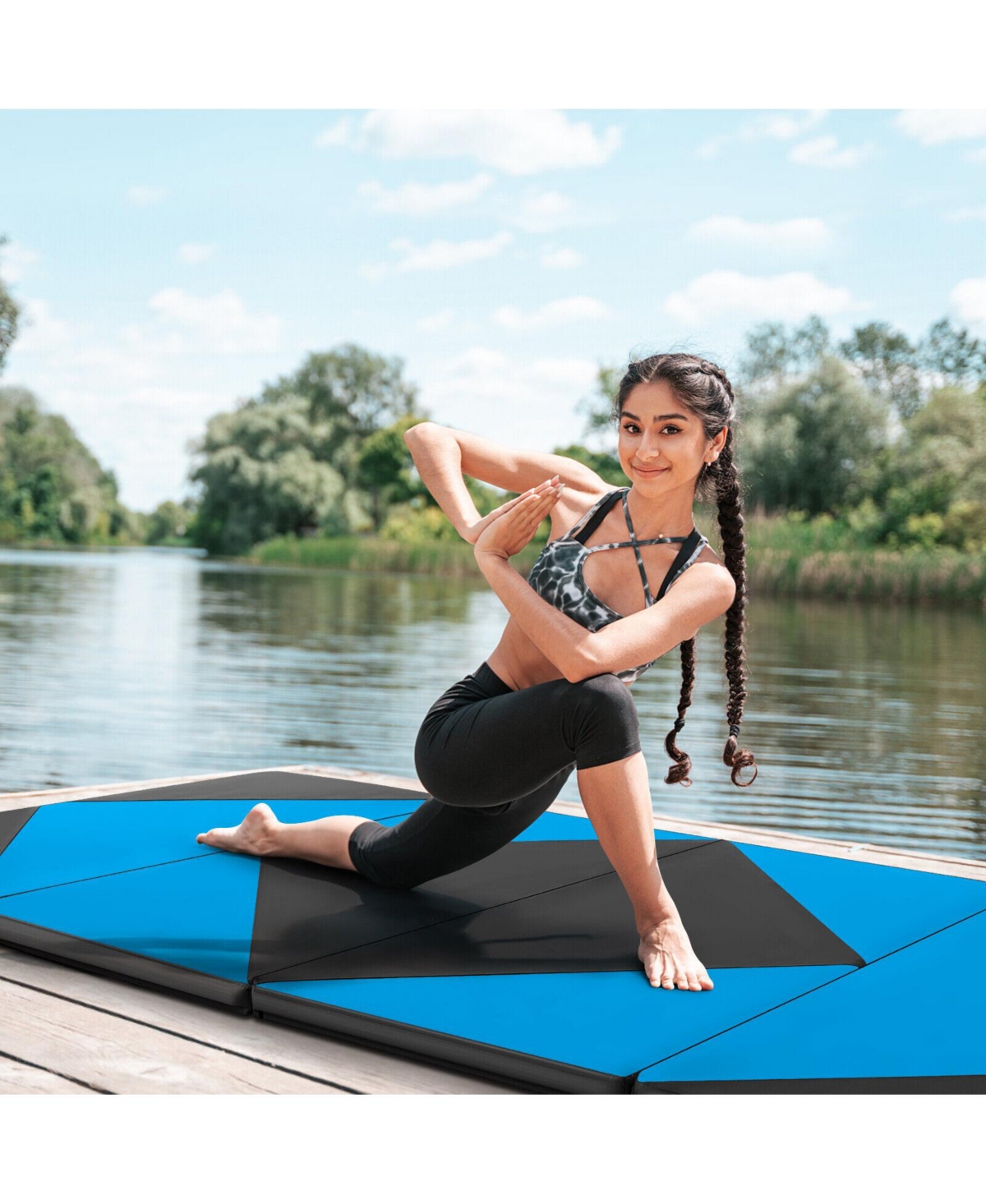 Vebreda 8 Feet Pu Leather Folding Gymnastics Mat with Hook and Loop Fasteners- Blue