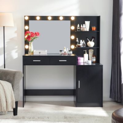 Vanity Desk with Mirror, Lights, and Storage