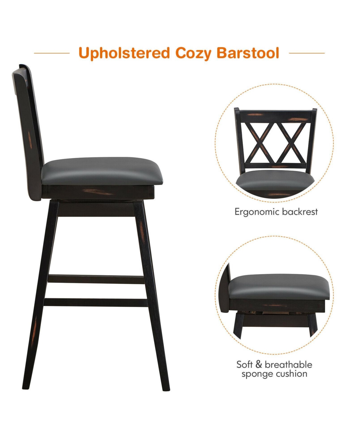Skonyon 2 Pieces 29 Inch Swivel Counter Height Barstool Set with Rubber Wood Legs