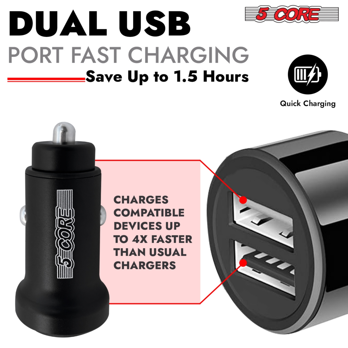 5 Core Usb Car Charger Cigarette Lighter Adapter Dual Usb Port Adapter 12/24 V Fast Charging