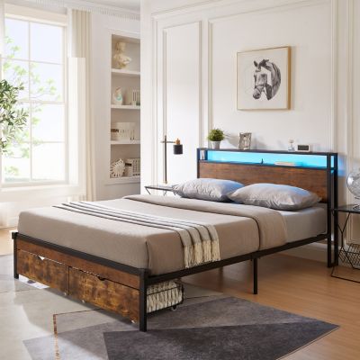 King Platform Bed with Headboard, Drawers, USB, LED, No Box Spring