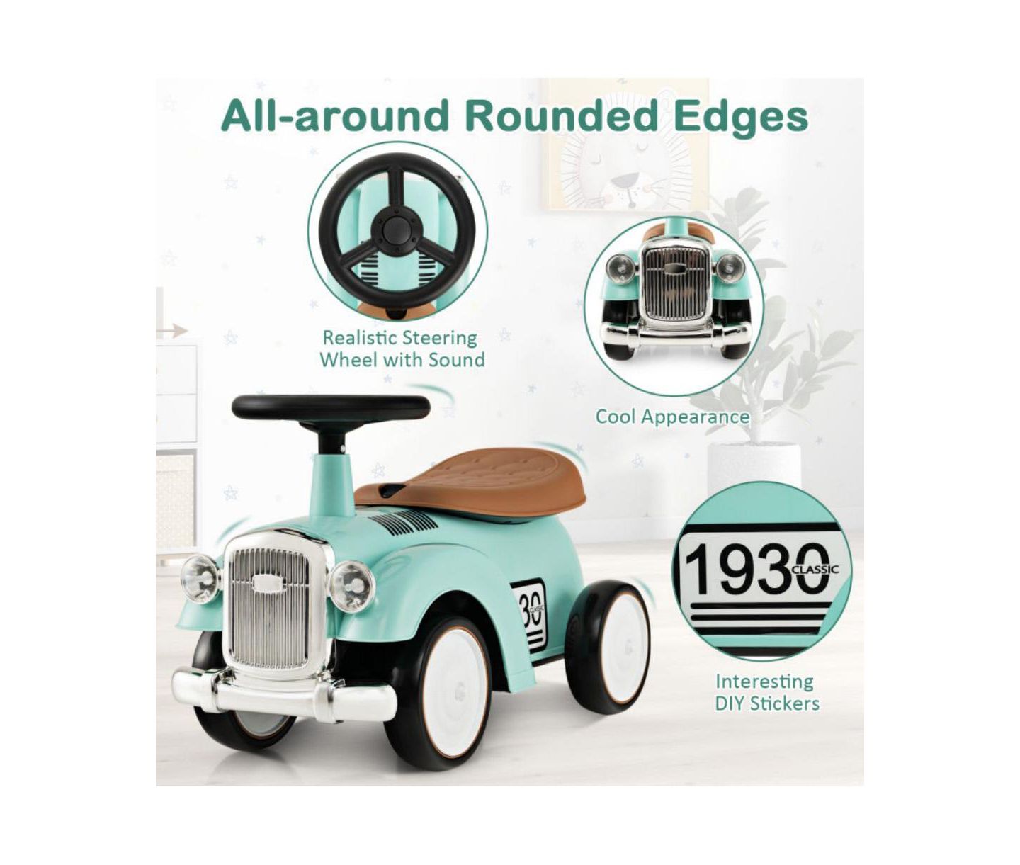 Детская игрушка VEBREDA Sit-to-Stand Vehicle with Working Steering Wheel and Under-Seat Storage, 23"L x 10.5"W x 13.5"H, Ages 12-36 Months, цвет: Зелёный — фото 4