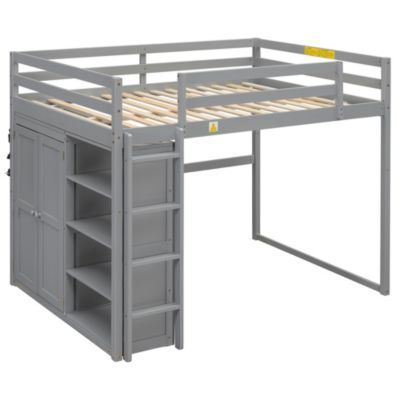 Gray Wooden Full Loft Bed with Wardrobe and LED Light