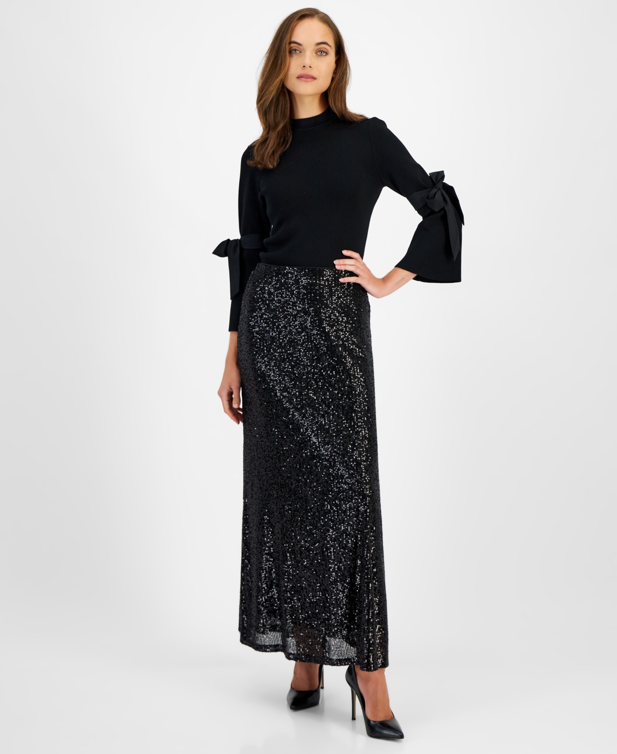 Anne Klein Womens Mock Neck Tie Sleeve Sweater Sequin Maxi Skirt In Anne Black