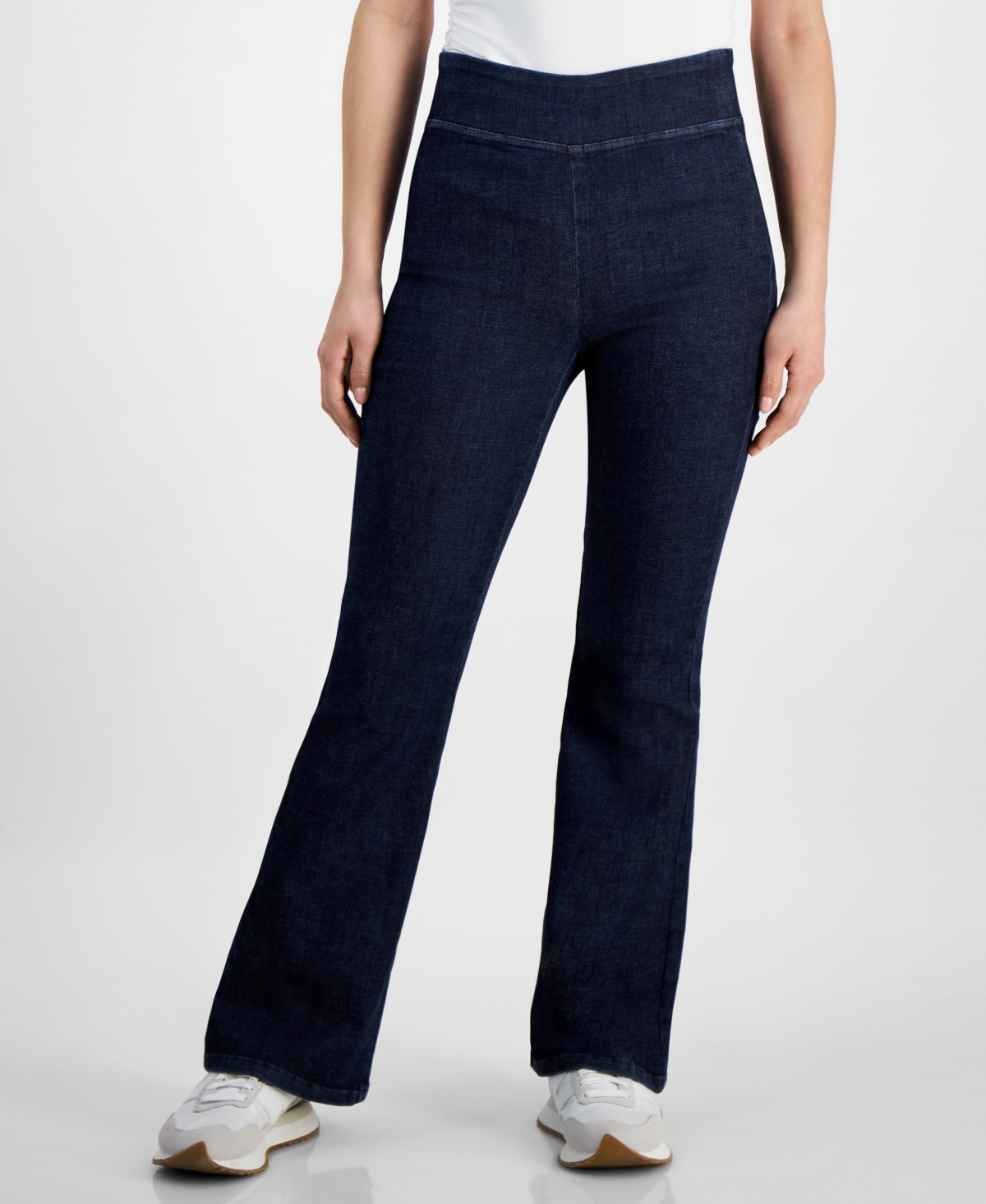 DKNY JEANS PETITE FLARED-LEG HIGH RISE PULL-ON JEANS 