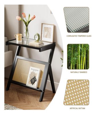 Rattan Side Table Bamboo Accent Bedside Table with Tempered Glass Top Black