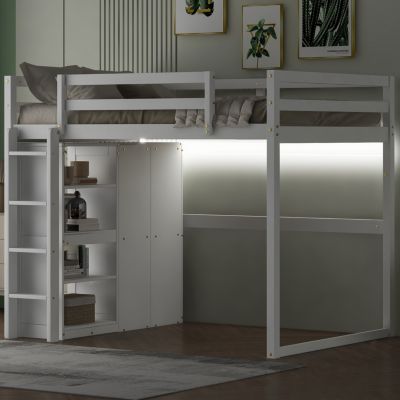 Streamdale Gray Wooden Full Loft Bed with Wardrobe and LED Light