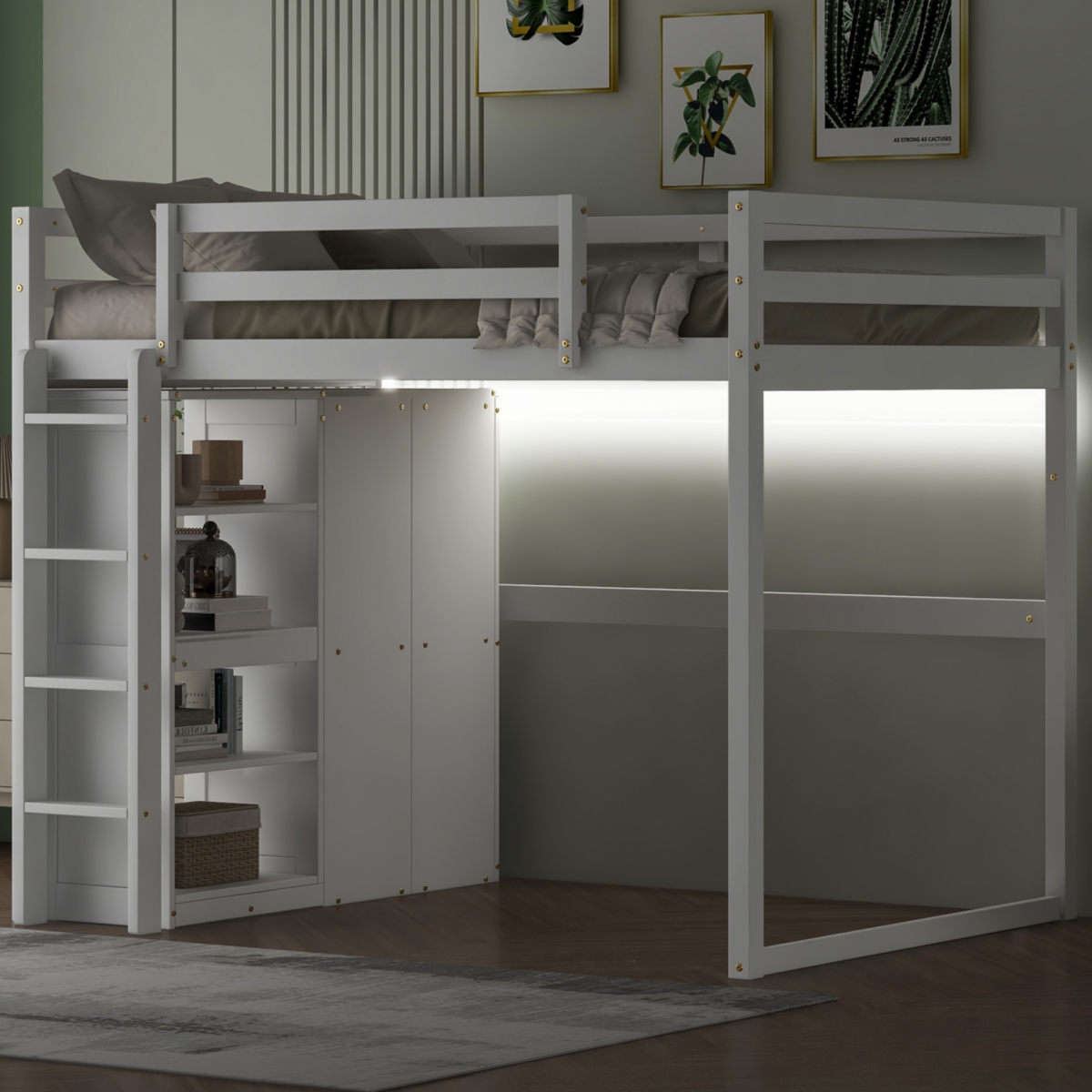 Streamdale Gray Wooden Full Loft Bed with Wardrobe and Led Light