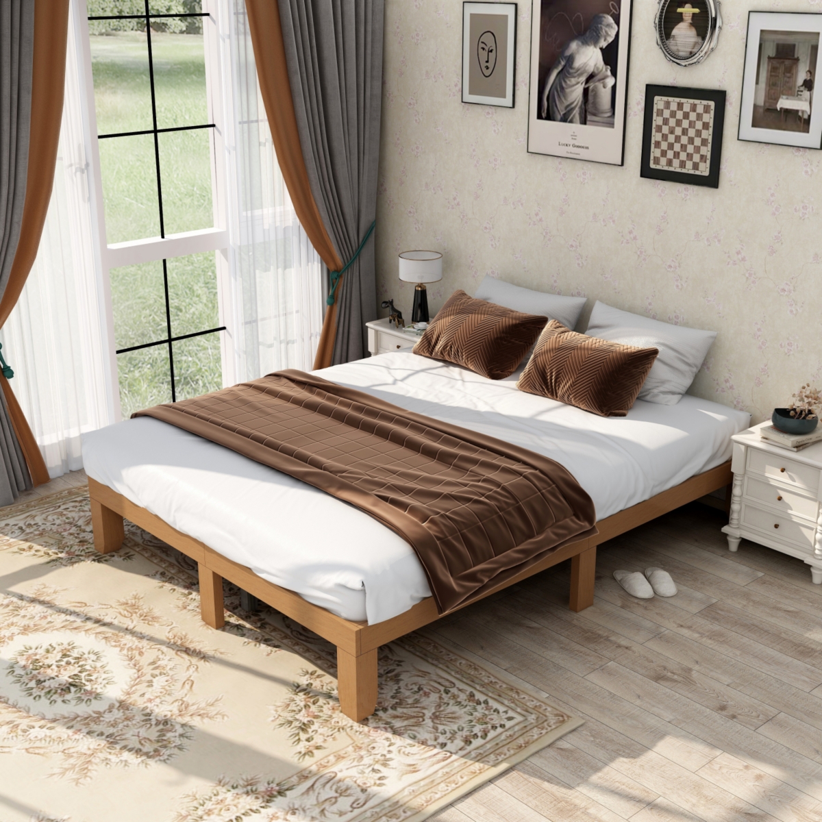 Streamdale Furniture Queen Platform Bed Frame with Strong Slat Support - Brown+white