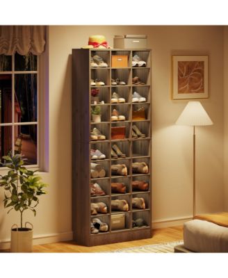 10-Tier Shoe Storage Cabinet, Gray Wooden Shoe Rack with 30 Cubbies, Freestanding Tall Entryway Shoe Organizer