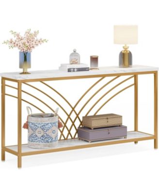 70.9 inch Extra Long Console Table, Faux Marble Entryway Table with 2 Tier Storage Shelf, Narrow Sofa Table Behind Couch, Modern Hallway Accent Table for Living Room