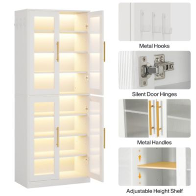 Tall Shoe Cabinet with Acrylic Doors and LED Lights, 8-Tier Entryway Shoe Storage Rack with Adjustable Shelves and Hanging Hooks