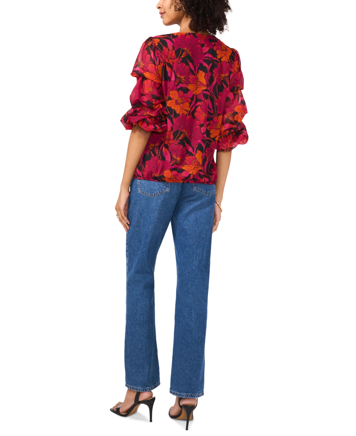 Vince Camuto Women's Floral-Print V-Neck Lantern-Sleeve Top