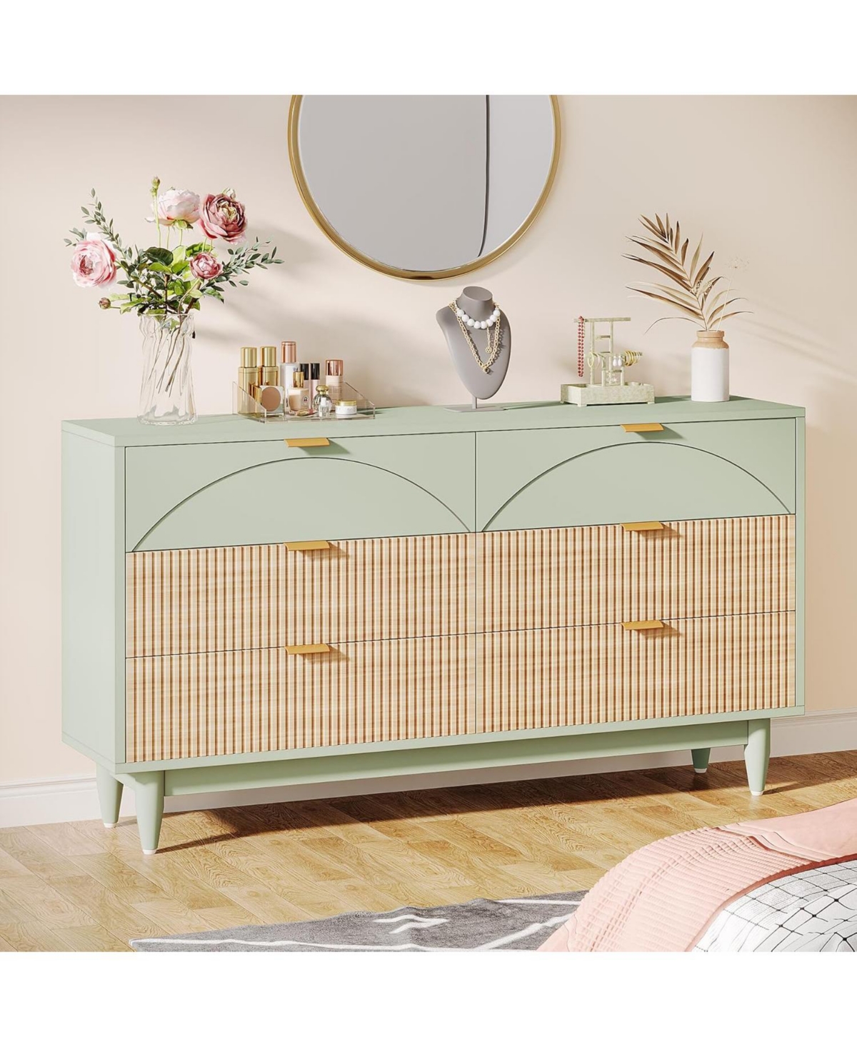 Tribesigns 6-Drawer Dresser for Bedroom: Inches Modern Chest of Drawers with Gold Metal Handles, Green Long Double Dresser Organizer Wood Cabinet f