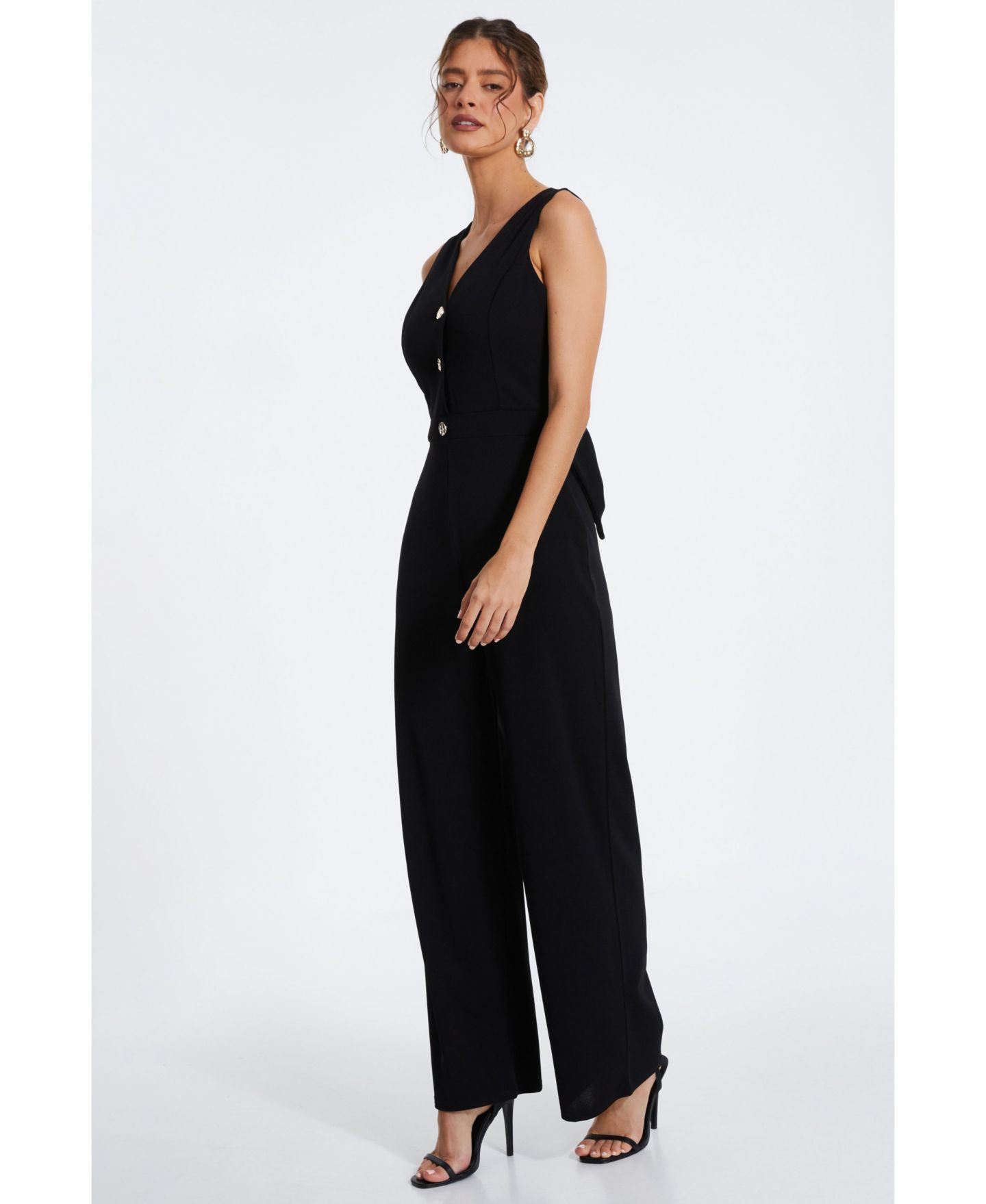 Женский комбинезон QUIZ Scuba Crepe Button Front Jumpsuit - Black, цвет: Чёрный — фото 2