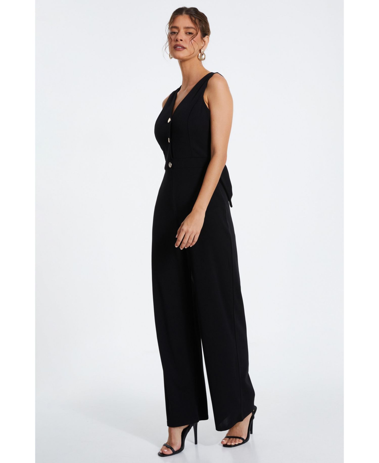 Women's Scuba Crepe Button Front Jumpsuit - Black