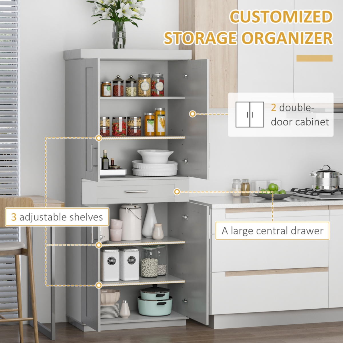Streamdale Furniture Modern Pantry Cabinet with Doors, Drawer, Adjustable Shelves,- Grey