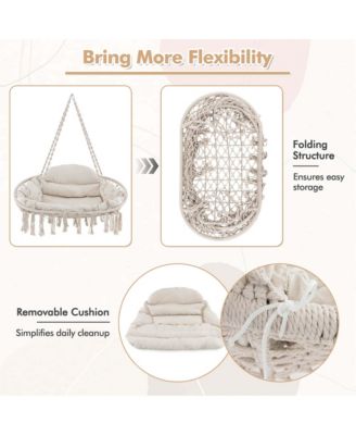 Swing Chair Hand-Woven Rope Hanging Chair with Thick Cushion & Folding Metal Frame